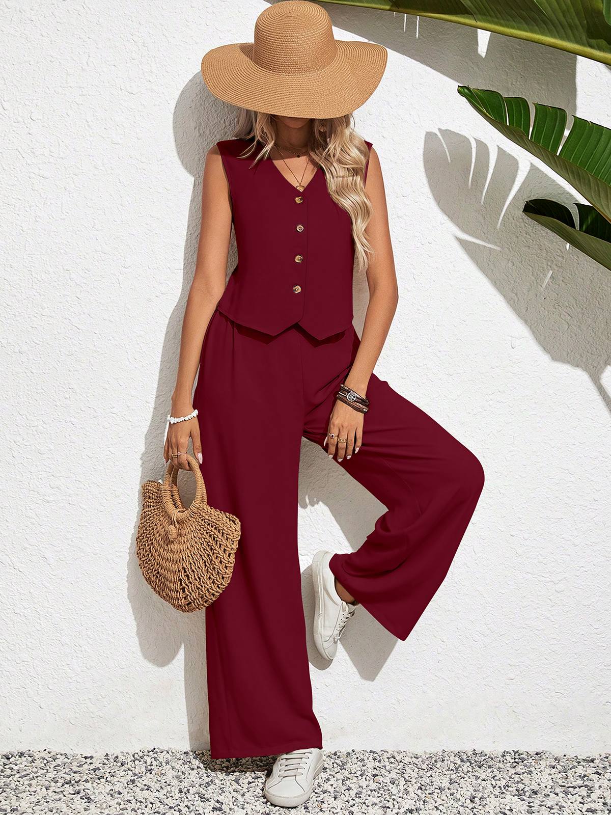 Women Casual Wear Button Down Sleeveless Vest Shirt Straight Wide Leg Pants